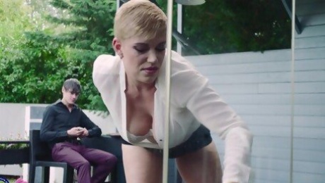 Short haired wife pulls out her tits and starts riding stepson's dick like a desperate slut