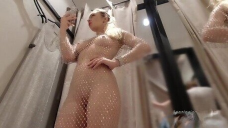 I try on transparent dress in fitting room with open curtain. People are passing. Naked in Public.