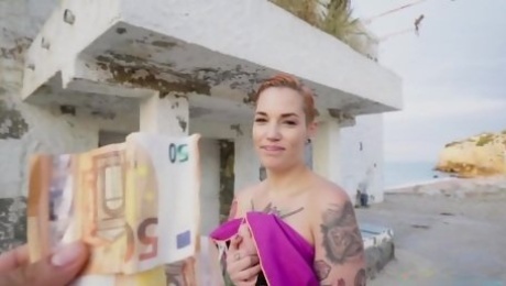 Tattooed nymph Silvia Rubi takes my Euros for sex on the street